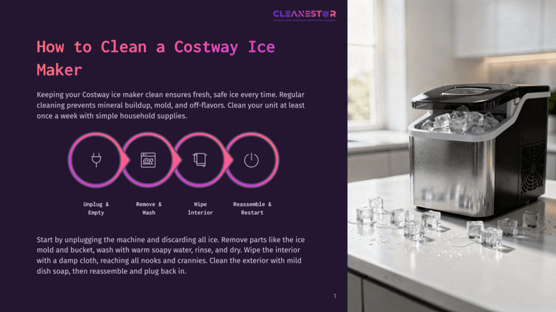 1 How To Clean A Costway Ice Maker Infographic Illustrating How To Clean A Costway Ice Maker: Unplug &Amp; Empty, Remove &Amp; Wash, Wipe Interior, Reassemble &Amp; Restart. The Text &Quot;How To Clean A Costway Ice Maker&Quot; Is Prominent.