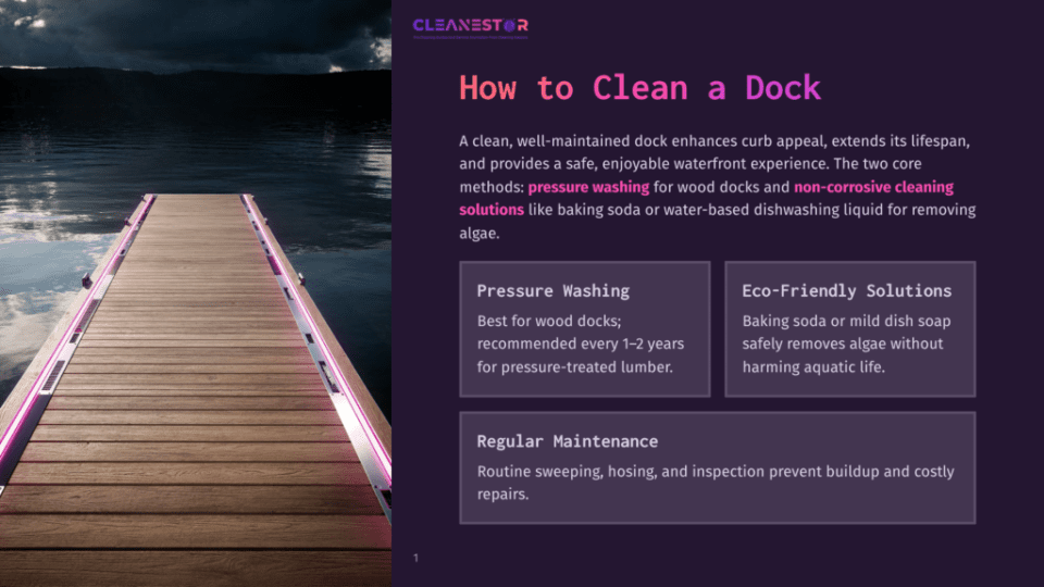 1 How To Clean A Dock A Dock Illuminated By Pink Lights At Night, Extending Over A Calm Body Of Water With Reflections Of The Sky. The Dock Has A Wooden Surface And Is Labeled &Quot;Pressure Washing&Quot; And &Quot;Eco-Friendly Solutions&Quot; In The Foreground.