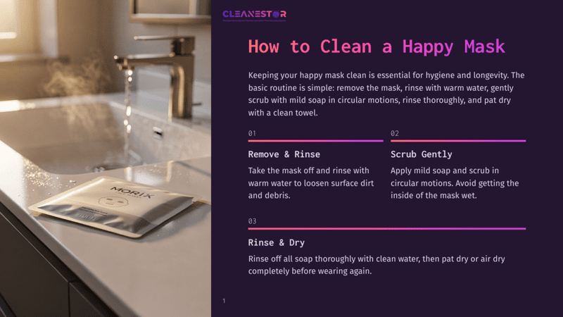 1 How To Clean A Happy Mask A Single Morix Facial Mask Packet Sits On A Clean, Modern Bathroom Counter Next To A Running Faucet, With Water Flowing Into A Sink. The Text &Quot;Cleanestor&Quot; Is Visible At The Top Of The Image.