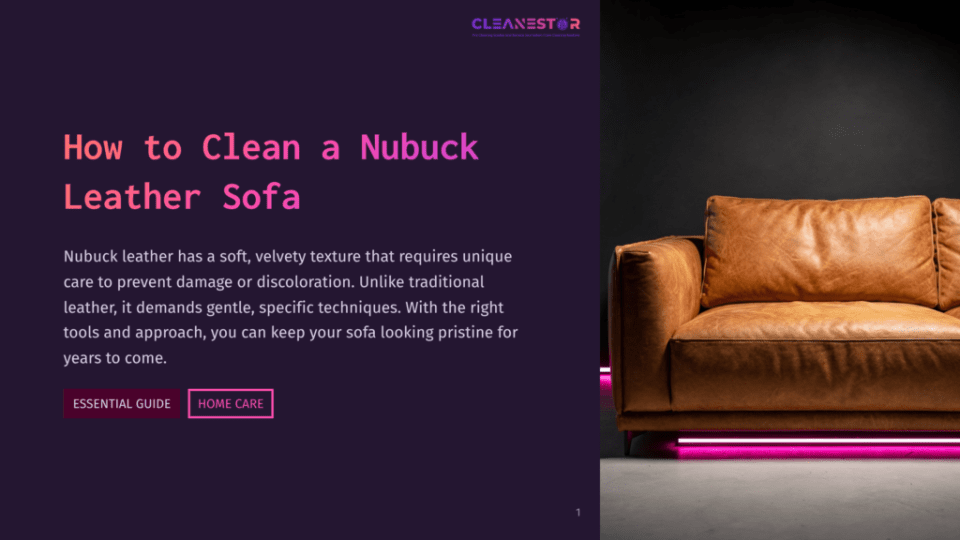 1 How To Clean A Nubuck Leather Sofa A Luxurious, Warm Brown Nubuck Leather Sofa Is Shown In A Dimly Lit Room With Purple Accent Lighting. The Text &Quot;Cleanestor&Quot; And &Quot;How To Clean A Nubuck Leather Sofa&Quot; Is Overlaid On The Left Side Of The Image.