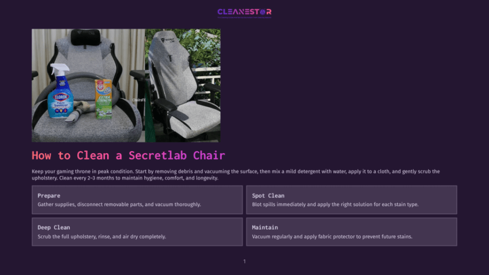 1 How To Clean A Secretlab Chair Cleaning Supplies, Including Clorox Disinfectant Spray And Lysol Multi-Purpose Cleaner, Sit Next To A Secretlab Gaming Chair, Ready For Upholstery Cleaning.