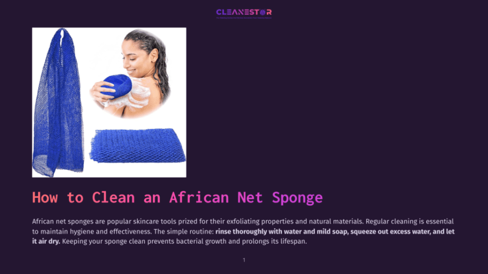 1 How To Clean An African Net Sponge A Woman Smiles As She Lathers A Blue African Net Sponge With Soap, Demonstrating How To Use The Exfoliating Skincare Tool. A Folded Blue Net Sponge Lies Below.