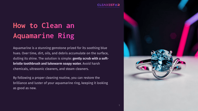 1 How To Clean An Aquamarine Ring 1 A Stunning Aquamarine Ring With A Large, Brilliant Blue Gemstone Sits On A White Surface, With A Dark Background Featuring Vibrant Pink And Blue Neon Lights. The Image Highlights The Gemstone'S Clarity And The Ring'S Elegant Design.