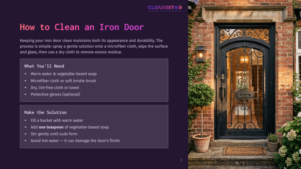1 How To Clean An Iron Door A Beautifully Ornate Wrought Iron Door On A Brick House, With A &Quot;Welcome&Quot; Mat And Potted Plants. Text Overlays Provide Instructions On &Quot;How To Clean An Iron Door.