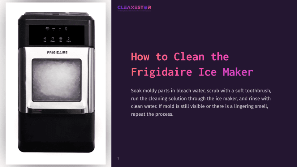 1 How To Clean The Frigidaire Ice Maker Frigidaire Ice Maker With Illuminated Controls For Add Water, Power, Clean, Uv, And Light. The Front Displays A Window Filled With Ice Cubes.