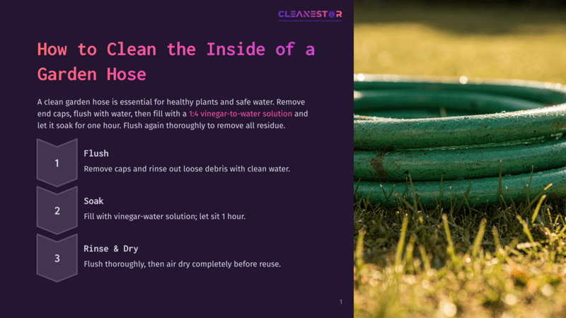 1 How To Clean The Inside Of A Garden Hose Close-Up Of A Green Garden Hose Coiled On Lush Green Grass, With Water Droplets Visible On The Hose And Blades Of Grass. The Background Is A Sunlit Lawn.