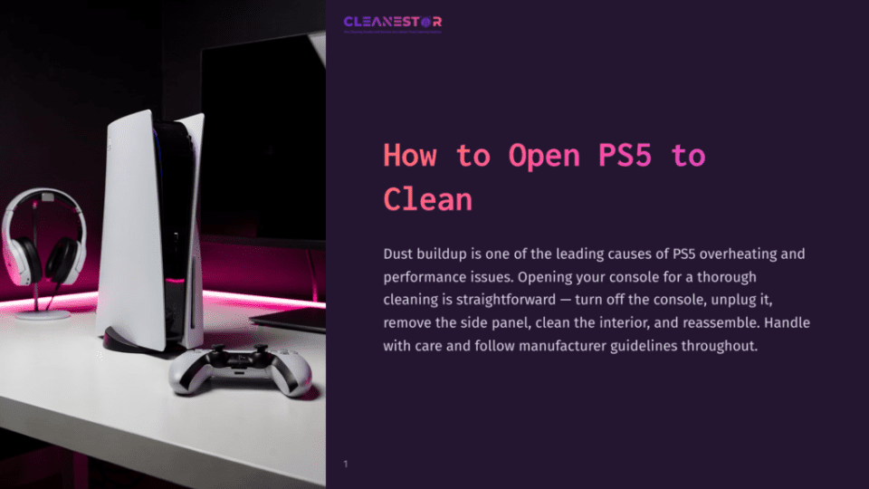 1 How To Open Ps5 To Clean A White Playstation 5 Console Stands Vertically On A Desk Next To A Pair Of White And Pink Headphones And A Game Controller. The Text &Quot;How To Open Ps5 To Clean&Quot; Is Prominently Displayed.