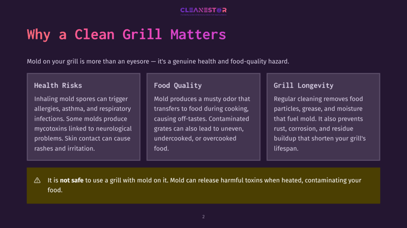 2 Why A Clean Grill Matters Why A Clean Grill Matters: Health Risks, Food Quality, And Grill Longevity. Mold On Grills Is A Health And Food-Quality Hazard.