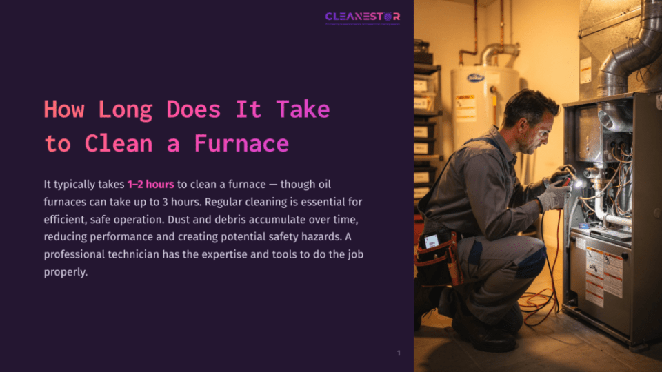1 How Long Does It Take To Clean A Furnace A Male Hvac Technician In A Grey Uniform Works On A Furnace, Holding A Tool Near Its Internal Components. The Text &Quot;How Long Does It Take To Clean A Furnace&Quot; Is Visible On The Left.