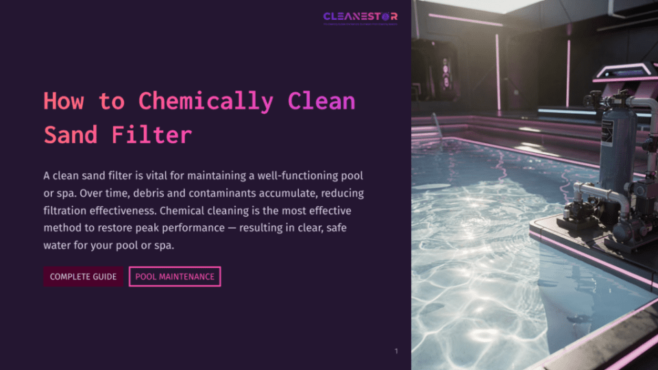 A Modern, Futuristic Swimming Pool With Clean, Clear Water And A Prominent Sand Filter System. The Text &Quot;How To Chemically Clean Sand Filter&Quot; Is Displayed Prominently In Large, Bold Lettering.