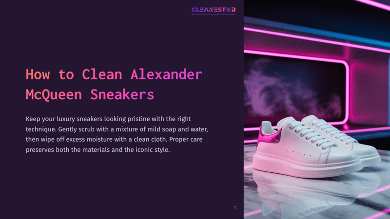 1 How To Clean Alexander Mcqueen Sneakers White Alexander Mcqueen Sneakers With Pink Metallic Accents Sit On A Reflective Surface, With A Neon Pink Light Glow And Purple Smoke In The Background. Text Overlay Reads: &Quot;Cleanestor - How To Clean Alexander Mcqueen Sneakers&Quot;.