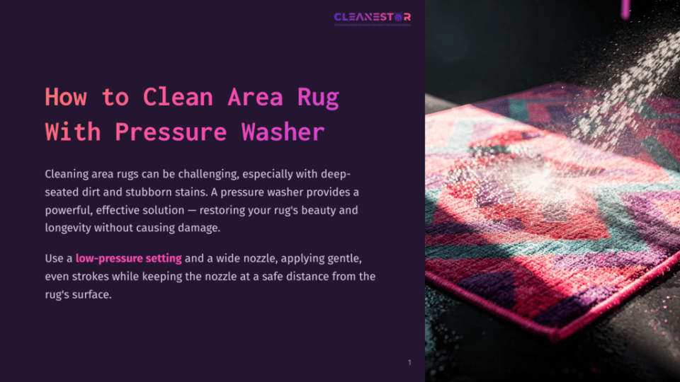1 How To Clean Area Rug With Pressure Washer Close-Up Of A Colorful Rug Being Cleaned With A Pressure Washer, Showing Water Spraying Onto The Textured Surface.