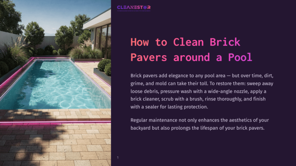 1 How To Clean Brick Pavers Around A Pool A Luxurious Swimming Pool With Pink Led Lighting Is Surrounded By Clean, Well-Maintained Brick Pavers. The Text &Quot;Cleanestor&Quot; And &Quot;How To Clean Brick Pavers Around A Pool&Quot; Is Visible.
