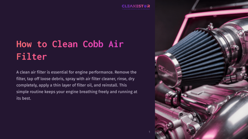 Close-Up Of A Blue Performance Air Filter On A Car Engine, With The Text &Quot;Cleanestar&Quot; At The Top And &Quot;How To Clean Cobb Air Filter&Quot; On The Left.