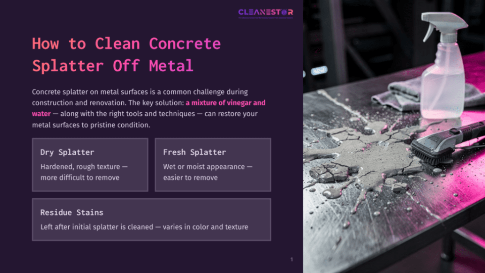 1 How To Clean Concrete Splatter Off Metal A Close-Up Shot Of A Metal Surface With Wet Concrete Splatter And A Cleaning Brush, With Text Overlay: &Quot;How To Clean Concrete Splatter Off Metal&Quot;.