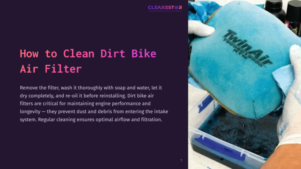 Hands In White Gloves Clean A Blue Twinair Dirt Bike Air Filter In A Tub Of Dark Cleaning Fluid.