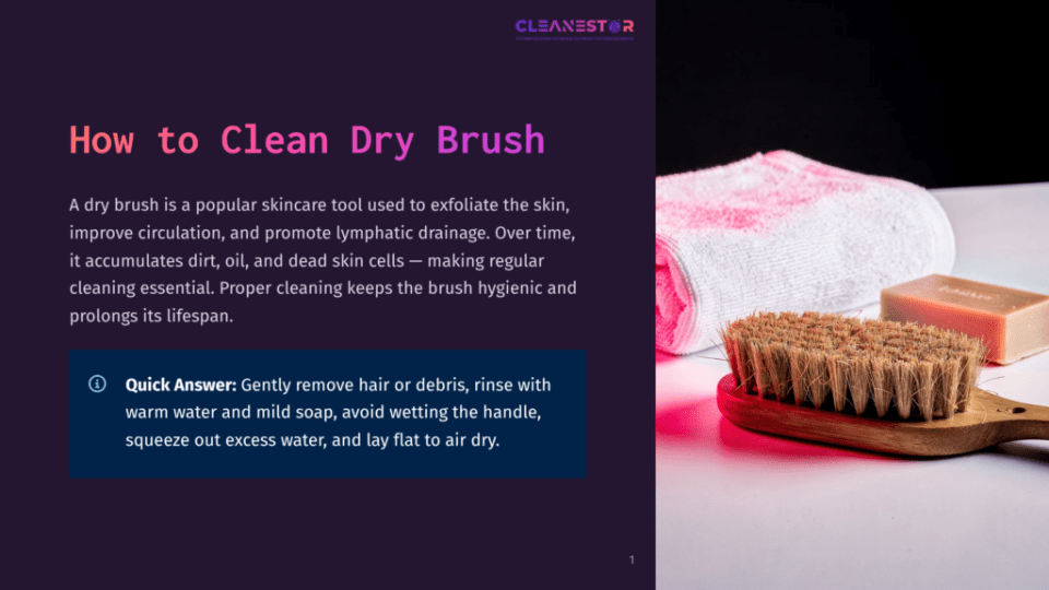 1 How To Clean Dry Brush Dry Brush With Wooden Handle And Natural Bristles Next To A Pink-Edged White Towel And Bar Of Soap, On A Dark Background.
