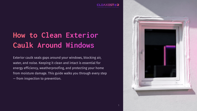 1 How To Clean Exterior Caulk Around Windows A White Window Frame Is Sealed With Thick, Pinkish Caulk On The Exterior Of A White Wall. The Text &Quot;Cleanestor&Quot; And &Quot;How To Clean Exterior Caulk Around Windows&Quot; Is Visible On A Dark Purple Background.