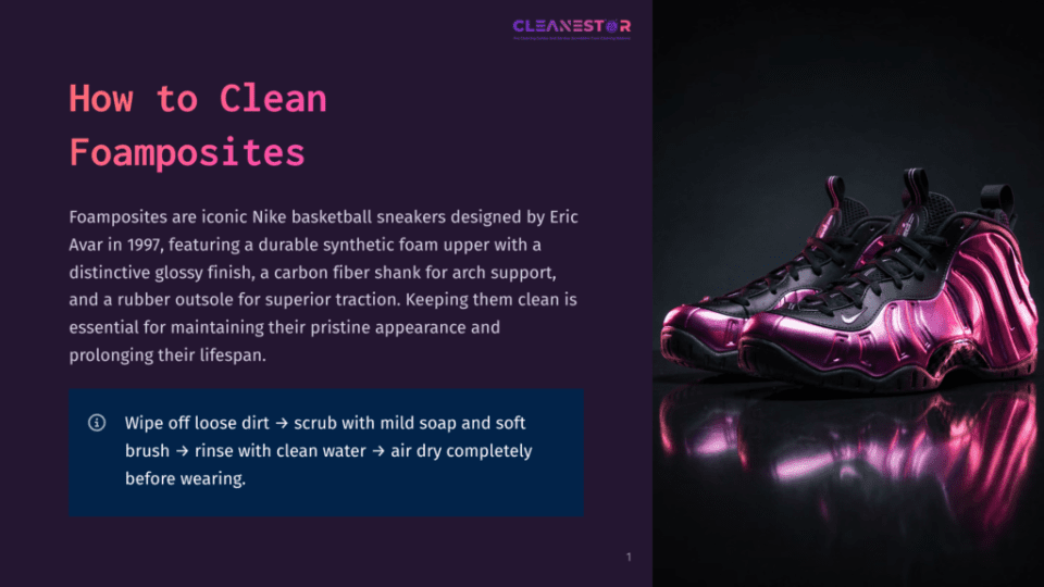 1 How To Clean Foamposites Pair Of Shiny Metallic Pink Nike Air Foamposite One Sneakers Resting On A Dark, Reflective Surface. The Text &Quot;How To Clean Foamposites&Quot; Is Visible On The Left.