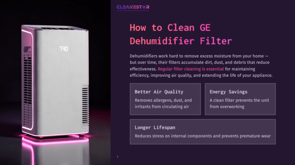 A Modern Silver Dehumidifier With A Glowing Pink Base Sits On A Dark Surface, Displaying &Quot;730&Quot; On Its Led Screen. Text On The Right Promotes Ge Dehumidifier Filters For Better Air Quality And Energy Savings.