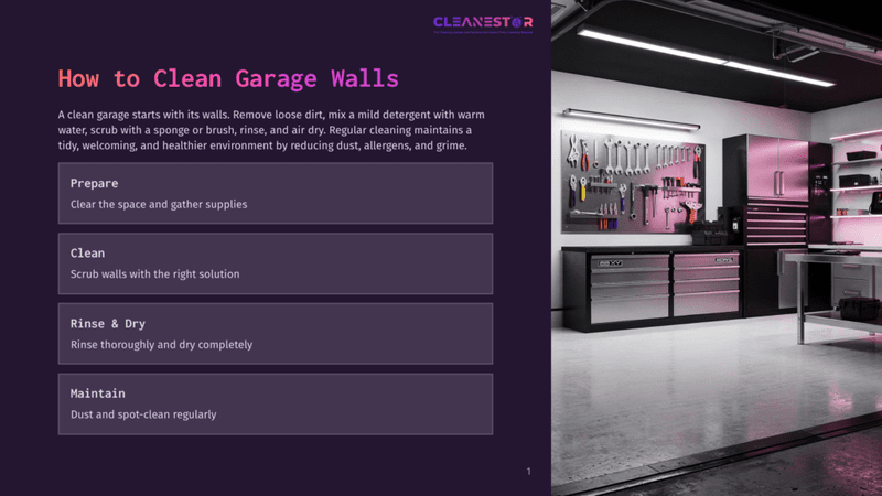 1 How To Clean Garage Walls A Modern, Well-Lit Garage With A Neon Sign Reading &Quot;How To Clean Garage Walls.&Quot; Tools And Equipment Neatly Organized On Metal Cabinets With Pink Accents. A Bright Overhead Light Illuminates The Space, And A Tiled Floor Reflects The Tools' Shadows.