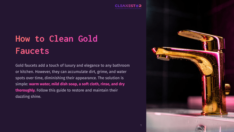 1 How To Clean Gold Faucets A Gleaming Gold Faucet With Water Droplets Is Illuminated By Pink And Purple Light, Set Against A Dark, Blurred Background. Text On The Left Reads &Quot;How To Clean Gold Faucets.