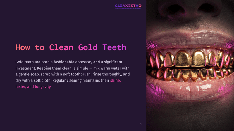 1 How To Clean Gold Teeth Close-Up Of Gold-Capped Teeth With A Glossy, Polished Surface, Illuminated By A Pink Light Against A Dark Background, Showcasing The Shine And Lustre Of The Gold Teeth.