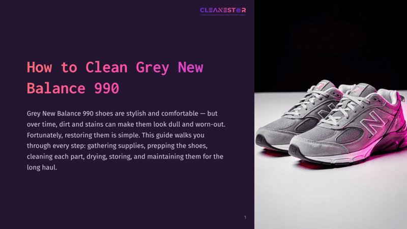 1 How To Clean Grey New Balance 990 A Pair Of Grey New Balance 990 Sneakers Sits On A White Surface, With A Dark Background. The Image Promotes A Guide On How To Clean Grey New Balance 990 Shoes.