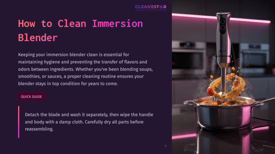 1 How To Clean Immersion Blender A Kitchen Scene Showing A Stainless Steel Immersion Blender With A Blade Creating A Splash Of Colorful Ingredients Into A Pink Pot On A Countertop.