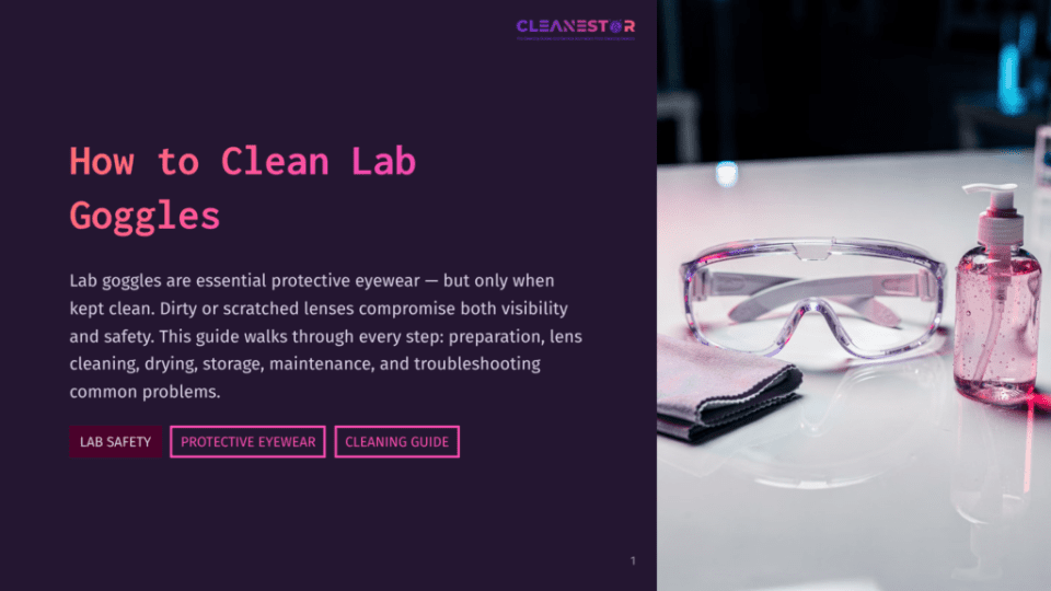 1 How To Clean Lab Goggles Close-Up Of Purple-Tinted Lab Safety Goggles And A Bottle Of Hand Sanitizer On A White Surface, With A Pink Cloth For Cleaning.