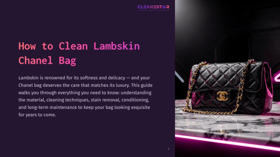 1 How To Clean Lambskin Chanel Bag A Black Lambskin Chanel Bag With Gold Hardware Rests On A Marble Surface, Illuminated By Pink Neon Lights. Text On The Left Reads &Quot;How To Clean Lambskin Chanel Bag&Quot; And &Quot;Cleanestor&Quot;.