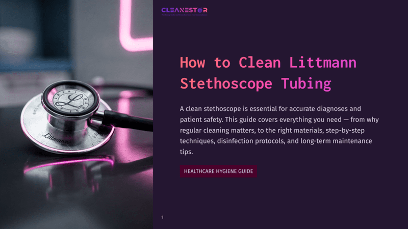 1 How To Clean Littmann Stethoscope Tubing 1 Close-Up Of A Littmann Stethoscope With Its Tubing And Diaphragm On A Dark, Reflective Surface, With Pink Neon Lighting In The Background. Text Overlay Reads &Quot;Cleanestor&Quot; And &Quot;How To Clean Littmann Stethoscope Tubing.