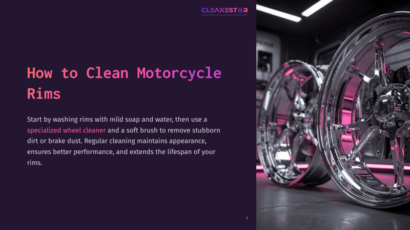 1 How To Clean Motorcycle Rims Close-Up Of Two Shiny, Chrome Motorcycle Rims With Intricate Spoke Designs, Illuminated By Pink And Purple Neon Lights In A Dimly Lit Garage. The Text &Quot;How To Clean Motorcycle Rims&Quot; Is Visible On The Left.