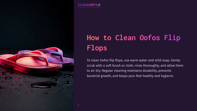 1 How To Clean Oofos Flip Flops A Pair Of Pink Oofos Flip Flops Sitting On A Dark Surface, With Water Droplets Around Them, Against A Purple Background With The Title &Quot;How To Clean Oofos Flip Flops&Quot; In Bold Pink Text.