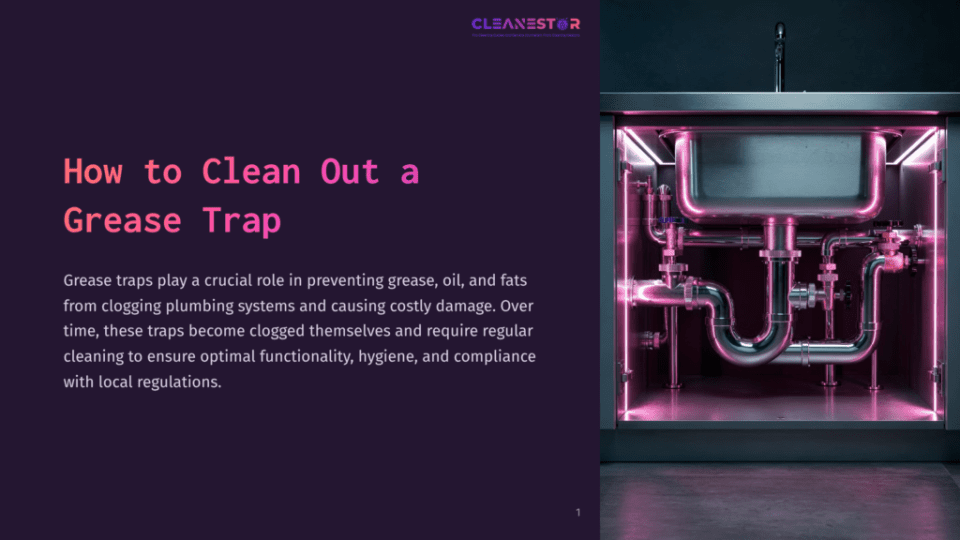 1 How To Clean Out A Grease Trap Stainless Steel Sink Plumbing With Pink Neon Lighting, Highlighting The Complex Pipework Beneath A Sink. The Text &Quot;Cleanestor&Quot; Is Visible At The Top.