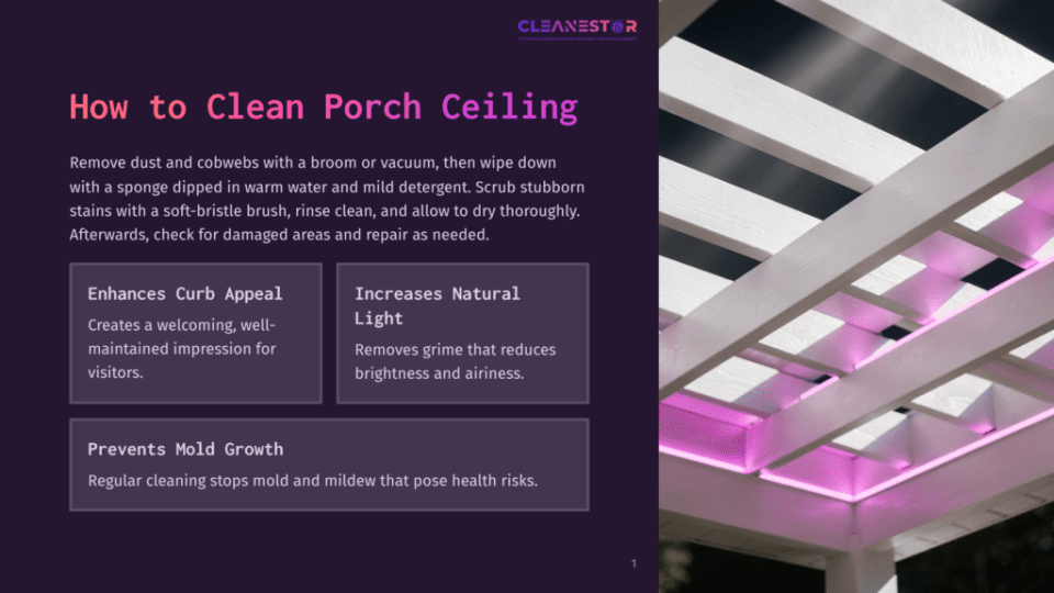 1 How To Clean Porch Ceiling A White Pergola Ceiling With Wooden Beams Is Illuminated By Purple Led Lights, Casting A Vibrant Glow. The Text &Quot;How To Clean Porch Ceiling&Quot; Is Overlaid On The Left.
