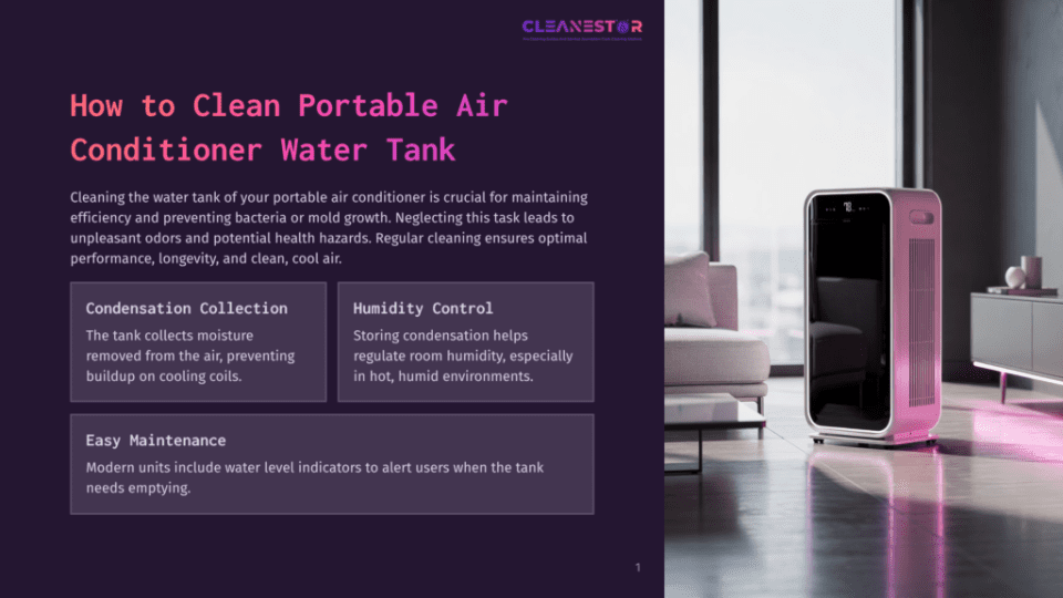 1 How To Clean Portable Air Conditioner Water Tank Cleanestor Portable Air Conditioner In A Modern Living Room, Showing A Pink Unit With A Digital Display And A Sleek Design, Next To A Sofa And A Cabinet.