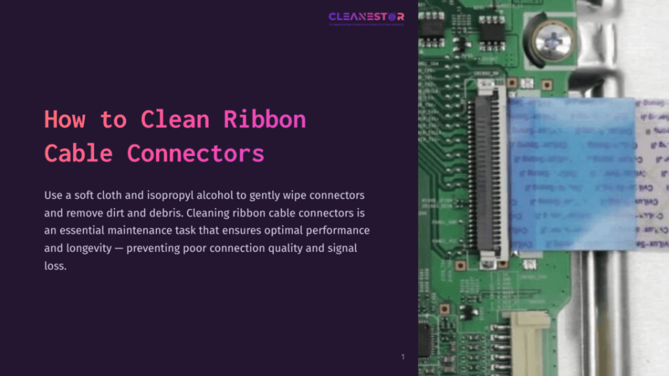1 How To Clean Ribbon Cable Connectors Close-Up Of A Blue Ribbon Cable Connector Being Cleaned With Isopropyl Alcohol On A Green Circuit Board, With Text &Quot;How To Clean Ribbon Cable Connectors&Quot; Visible.