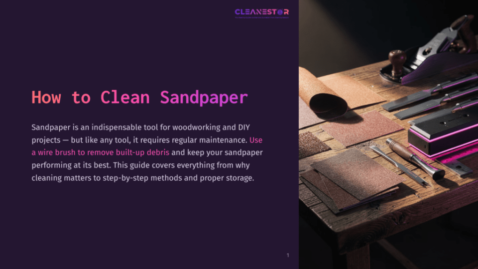1 How To Clean Sandpaper A Close-Up Of Sandpaper And Woodworking Tools On A Wooden Workbench, With A Focus On The Texture And Grit Of The Sandpaper. The Title &Quot;How To Clean Sandpaper&Quot; Is Visible On The Left.