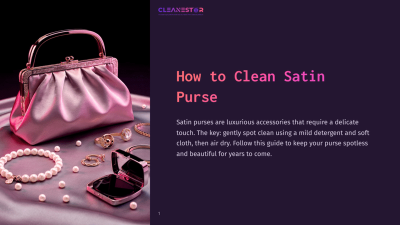 1 How To Clean Satin Purse A Luxurious Pink Satin Clutch Purse Rests On A Shimmering Pink Satin Fabric, Surrounded By Elegant Pearl Jewelry And Gold Rings. Text Overlay Reads &Quot;Cleanestor&Quot; And &Quot;How To Clean Satin Purse&Quot;.