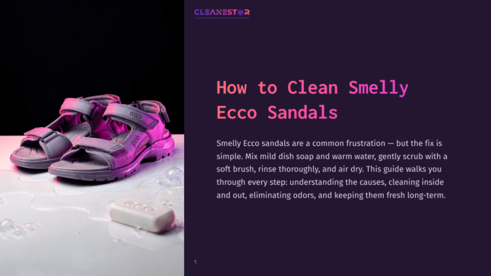 1 How To Clean Smelly Ecco Sandals Purple Ecco Sandals Sit On A Wet Surface With Soap Bubbles And A Bar Of Soap, Ready For Cleaning. The Cleanestor Logo Is Visible.