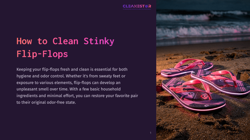 1 How To Clean Stinky Flip Flops Three Pairs Of Stylish Flip-Flops With Neon Pink And Red Accents Are Displayed On A Sandy Beach, With The Ocean Waves In The Background. The Text &Quot;Cleanestar&Quot; And &Quot;How To Clean Stinky Flip-Flops&Quot; Is Visible On The Left Side Of The Image.