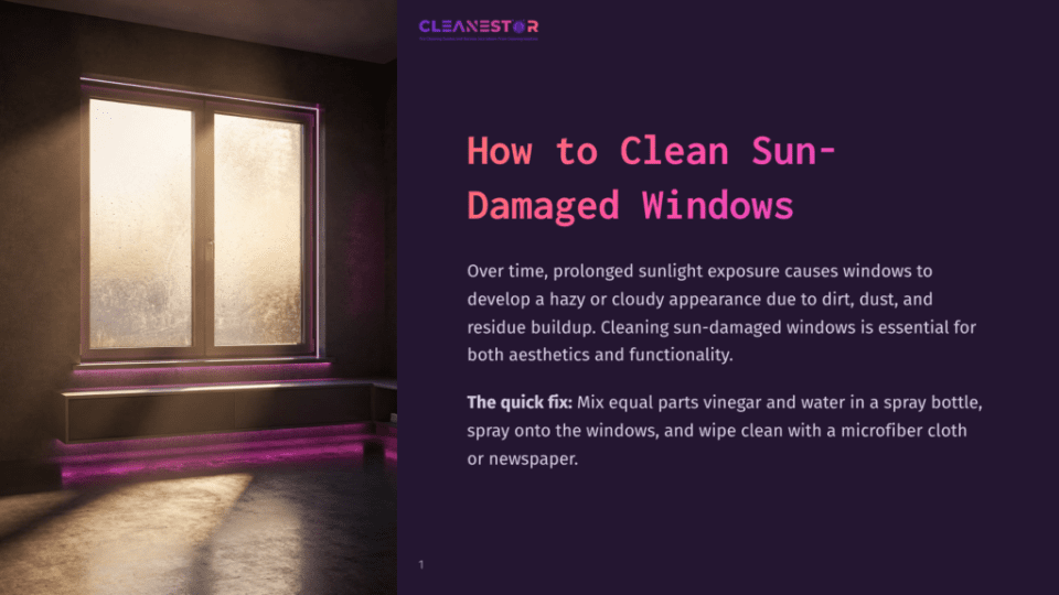 1 How To Clean Sun Damaged Windows Sun-Damaged Window With Water Spots And Hazy Buildup, Illuminated By Soft Pink And Yellow Light From A Shelf Below. Text Reads &Quot;How To Clean Sun-Damaged Windows.