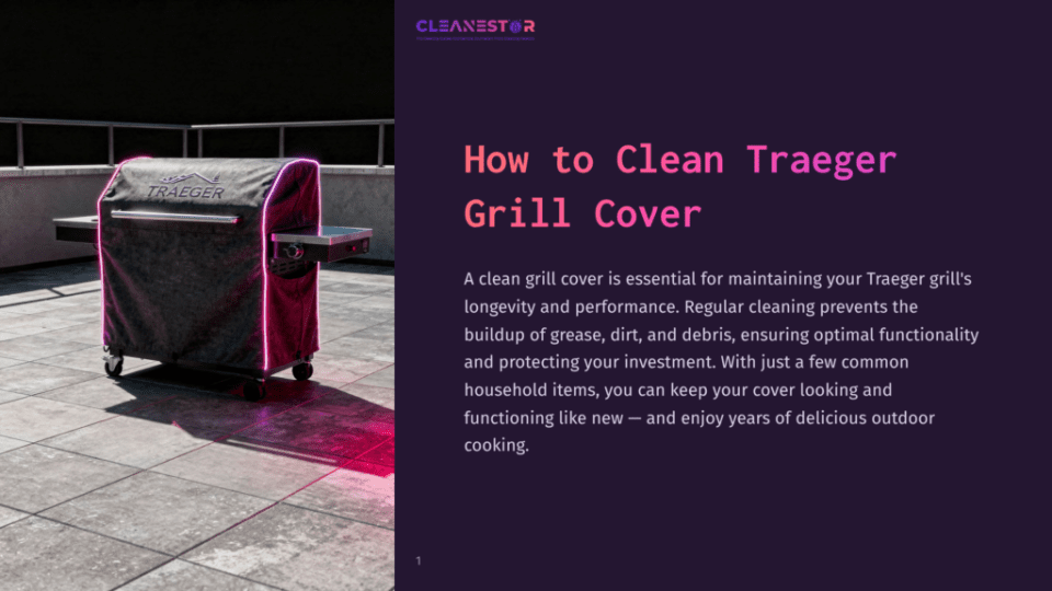 1 How To Clean Traeger Grill Cover A Black Traeger Grill Cover With Pink Neon Trim Is Shown On A Patio, With The &Quot;Cleanestor&Quot; Logo And &Quot;How To Clean Traeger Grill Cover&Quot; Text On The Right.
