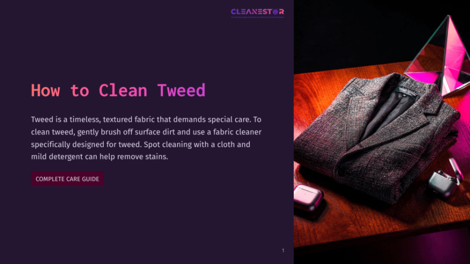 1 How To Clean Tweed A Textured Tweed Blazer Lies On A Polished Wooden Surface, Next To A Pair Of White Wireless Earbuds. The Blazer Features A Subtle Pattern And A Dark Lining, With The &Quot;Cleanestar&Quot; Logo Visible On The Accompanying Text Overlay.