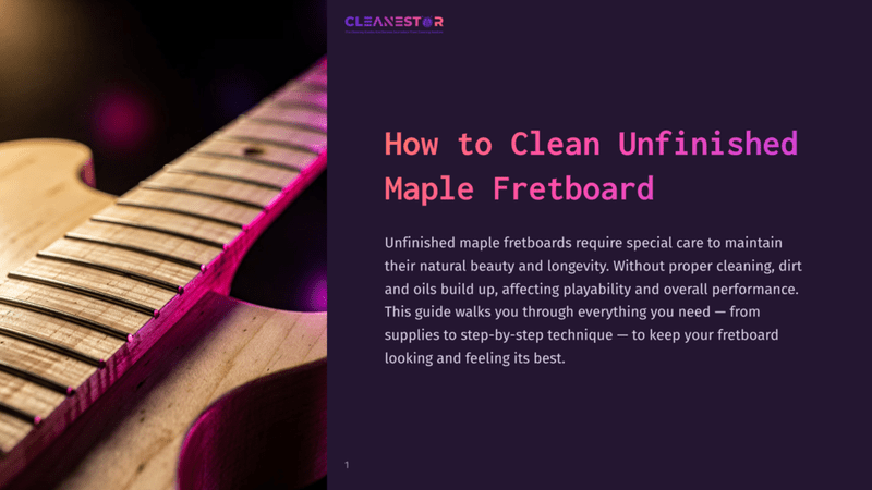 1 How To Clean Unfinished Maple Fretboard Close-Up Of An Unfinished Maple Guitar Fretboard With Frets, Showcasing The Natural Wood Grain. Purple And Pink Lighting Illuminates The Neck And Strings, Hinting At The &Quot;How To Clean Unfinished Maple Fretboard&Quot; Guide.