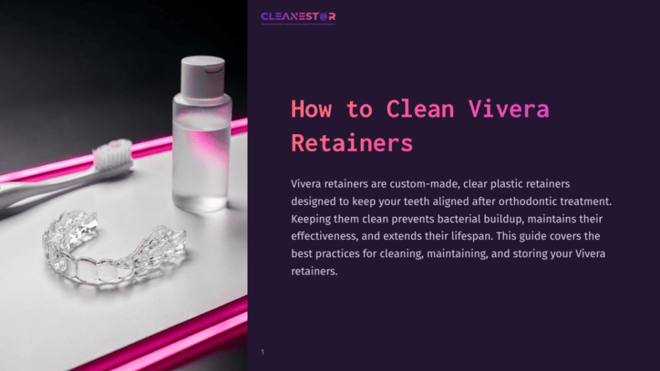 1 How To Clean Vivera Retainers A Clear Vivera Retainer Sits On A Metallic Surface Next To A Bottle Of Cleaning Solution And A Toothbrush, With The Text &Quot;How To Clean Vivera Retainers&Quot; Visible On A Dark Purple Background.