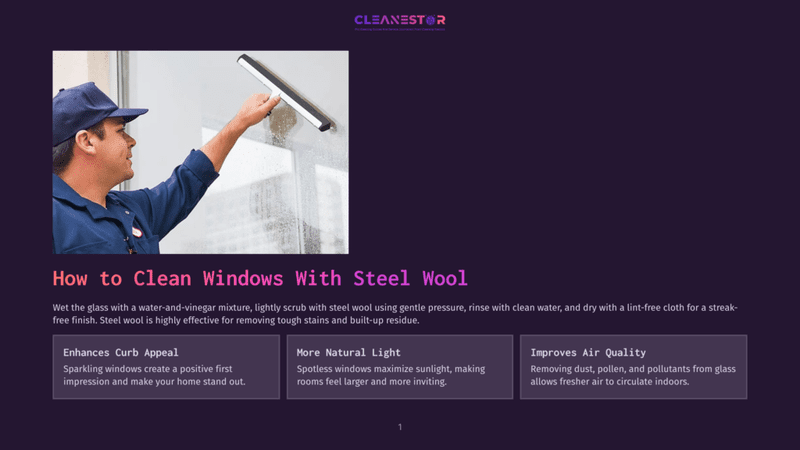 1 How To Clean Windows With Steel Wool A Man In A Blue Uniform Uses A Squeegee To Clean A Large Window From The Outside, Leaving A Streak-Free Finish. The Text &Quot;How To Clean Windows With Steel Wool&Quot; Is Visible.