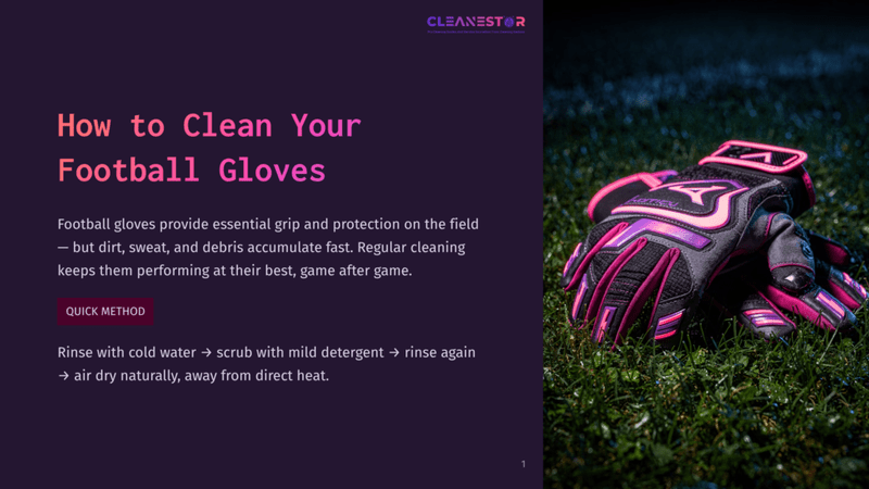 1 How To Clean Your Football Gloves Close-Up Of A Pair Of Black And Pink Goalkeeper Gloves Resting On Lush Green Grass, With The Text &Quot;Cleanestor&Quot; And &Quot;How To Clean Your Football Gloves&Quot; Visible On The Left.