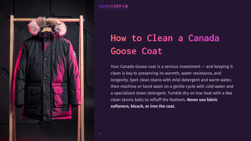 1 How To Clean A Canada Goose Coat A Canada Goose Coat In Black And Red, With A Pink Fur-Lined Hood, Hangs On A Wooden Garment Rack Against A Dark Background. The Text Reads &Quot;How To Clean A Canada Goose Coat&Quot; With Tips On Cleaning.